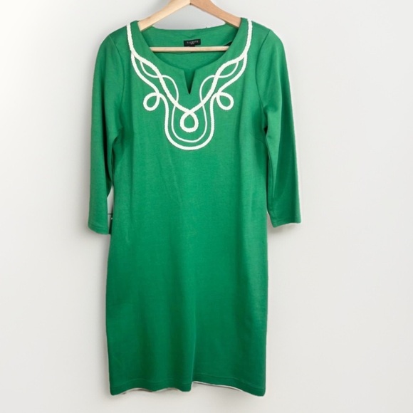 Talbots Green Rope Embroidered 3/4 Sleeve Split Neck A-Line Dress Size M petite - Picture 1 of 11